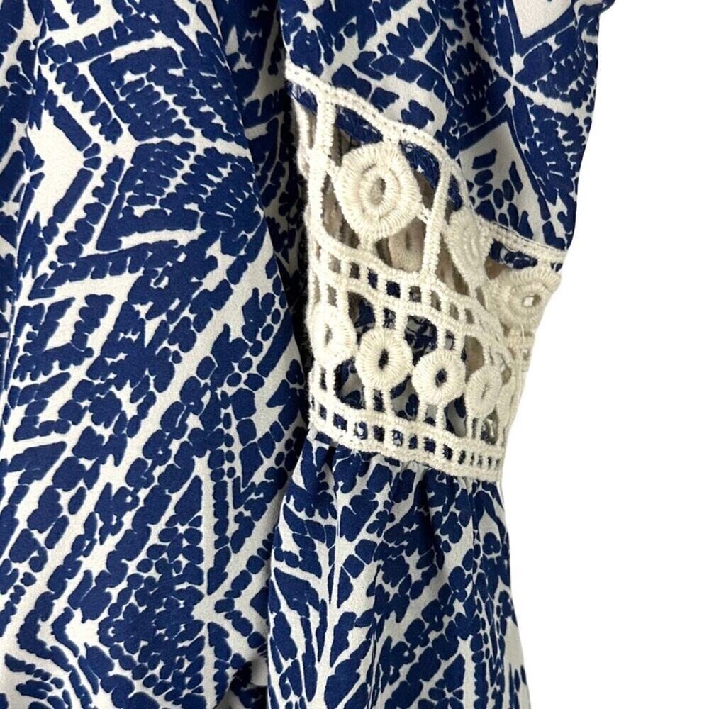 City Triangles Boho Romper Small Off Shoulder Blue Ivory Crochet Festival NWT - Picture 8 of 11